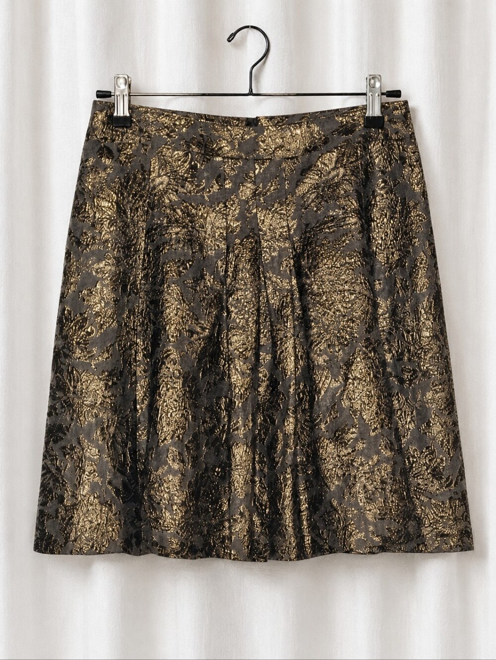 Adrienne Vittadini Platino Brown Gold Brocade Floral Pleated A-line Luxury Skirt